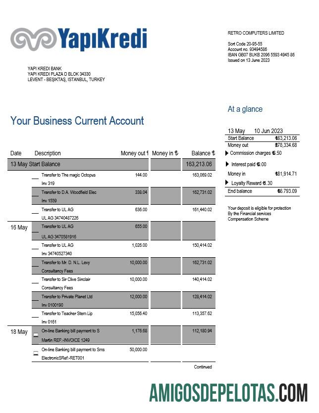 Realista Yapi Kredi Bank Organization Extracto de conta modelo Word e PDF